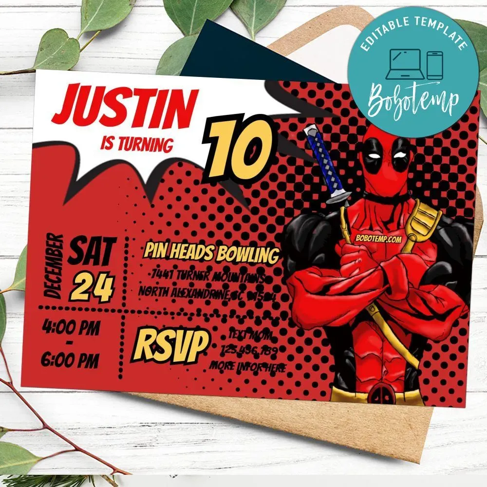Editable Deadpool Birthday Flyer Instant Download | Bobotemp