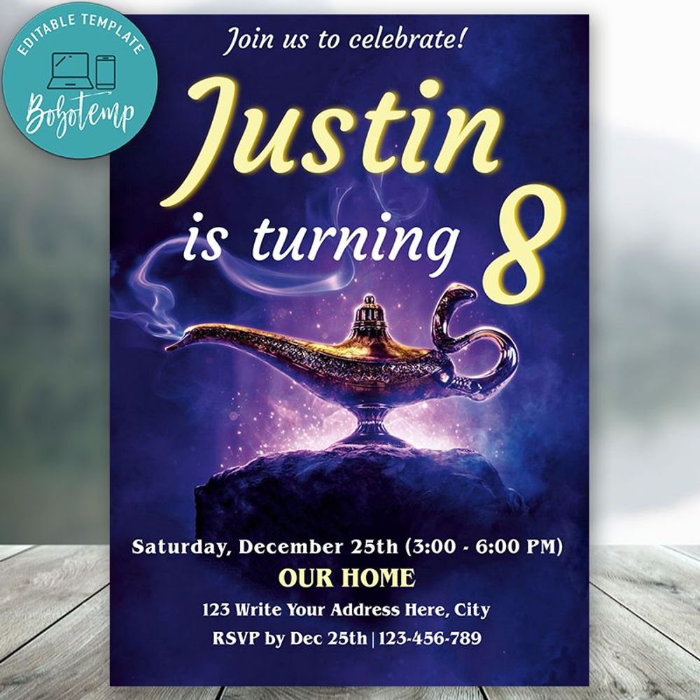 Editable Aladdin Birthday Invitation For Boy or Girl DIY | Bobotemp
