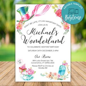 Printable Alice In Wonderland First Birthday Invitation Instant Download