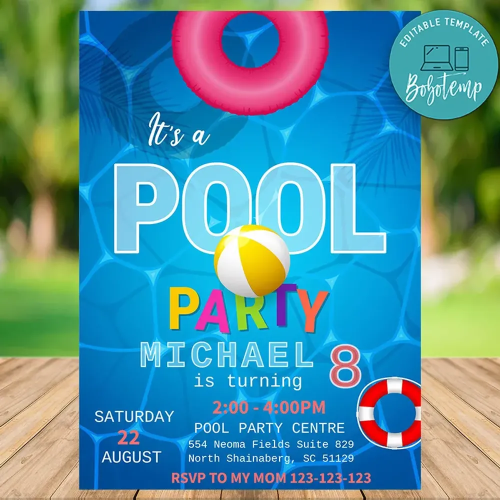 Editable Summer Pool Party Birthday Invitations Instant Download