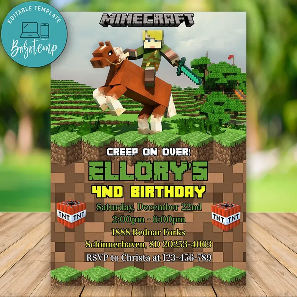 Editable Minecraft Birthday Invitation Instant Download Bobotemp