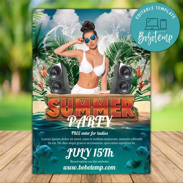 Summer Beach Party Invitation with Model Photo Printable DIY | Bobotemp