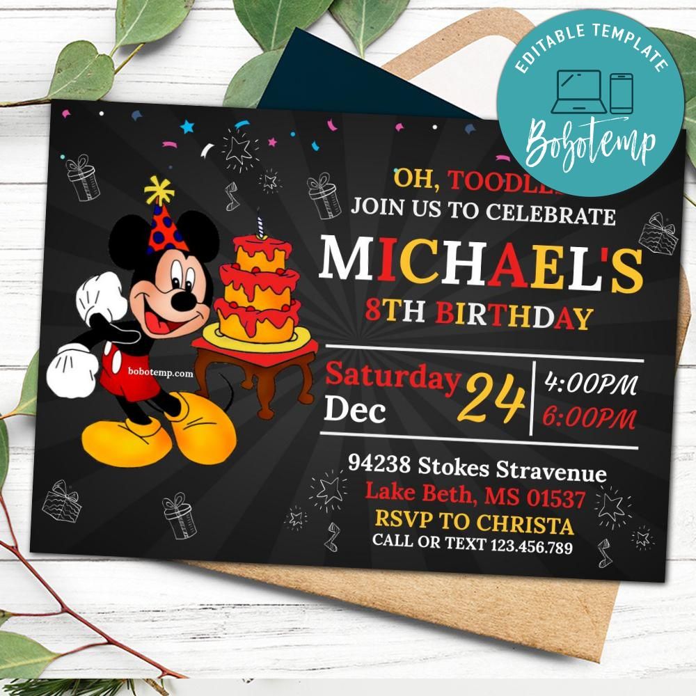Editable Disney Mickey Mouse Birthday Party DIY | Bobotemp