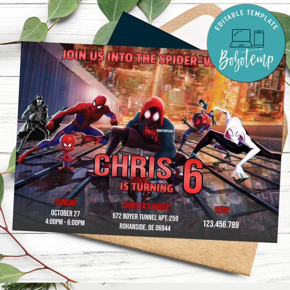 Editable Spider-Man Into The Spider-Verse Birthday Flyer DIY | Bobotemp