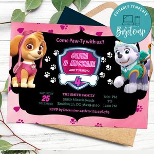 Printable Girl Twins Paw Patrol Birthday Invitation Instant Download
