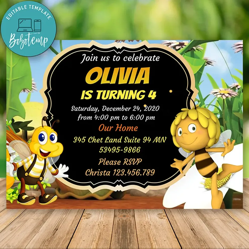 Editable Maya The Bee Birthday Invitation Instant Bobotemp Maya The Bee Birthday Invitation