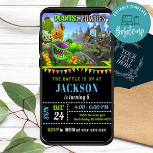 Plants vs Zombies Birthday Electronic Invite Invitation Printable Instant Download