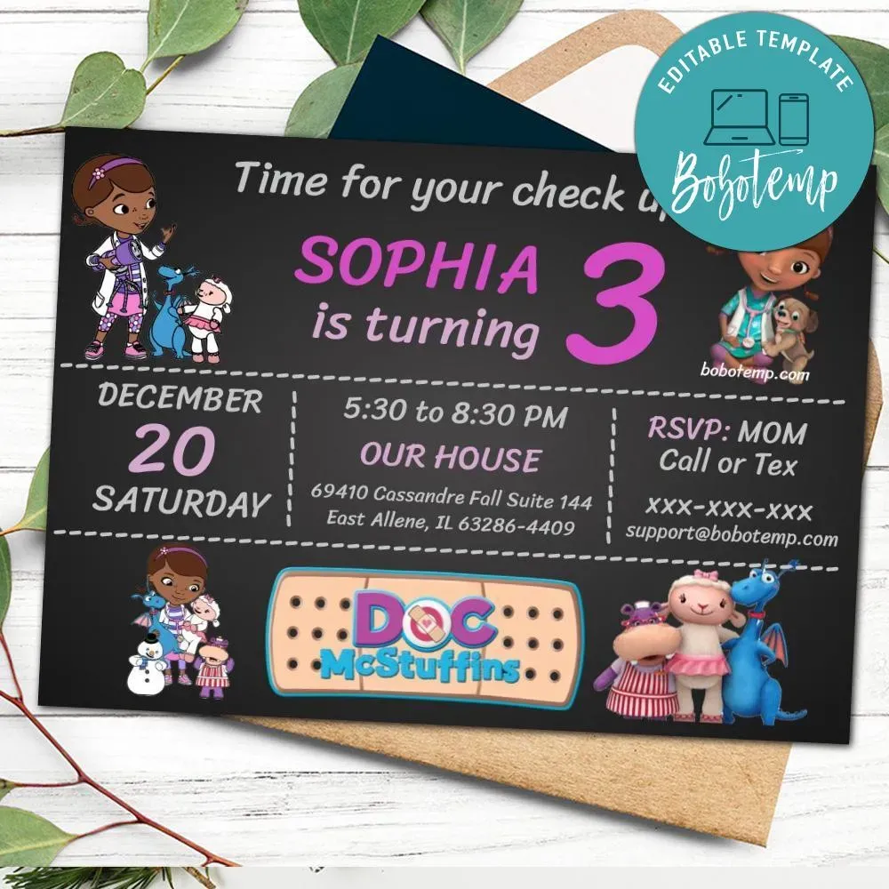 Editable Doc McStuffins Birthday Party Invitation Digital File Bobotemp