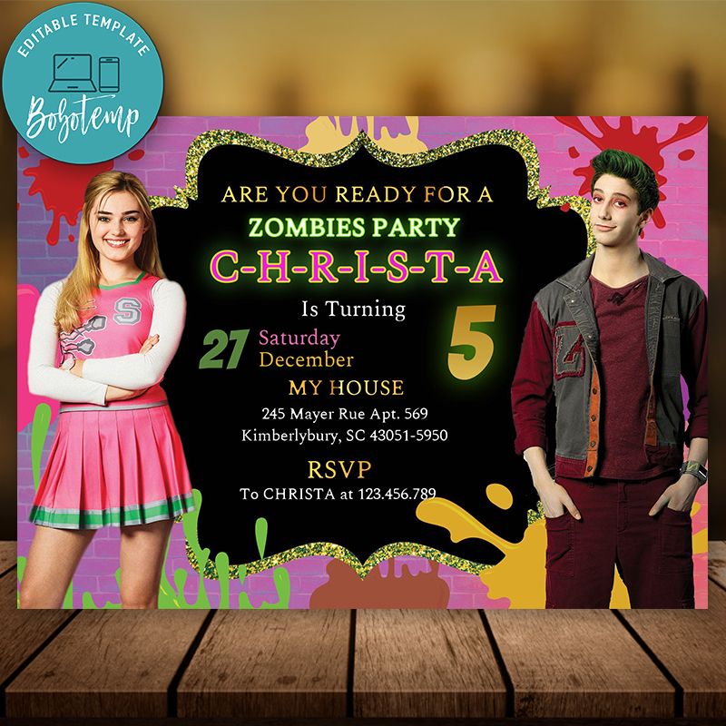 Editable Disney Zombies 2 Party Invitation Descarga instantánea