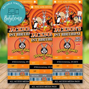 Editable Looney Tunes Ticket Birthday Flyer Instant Download