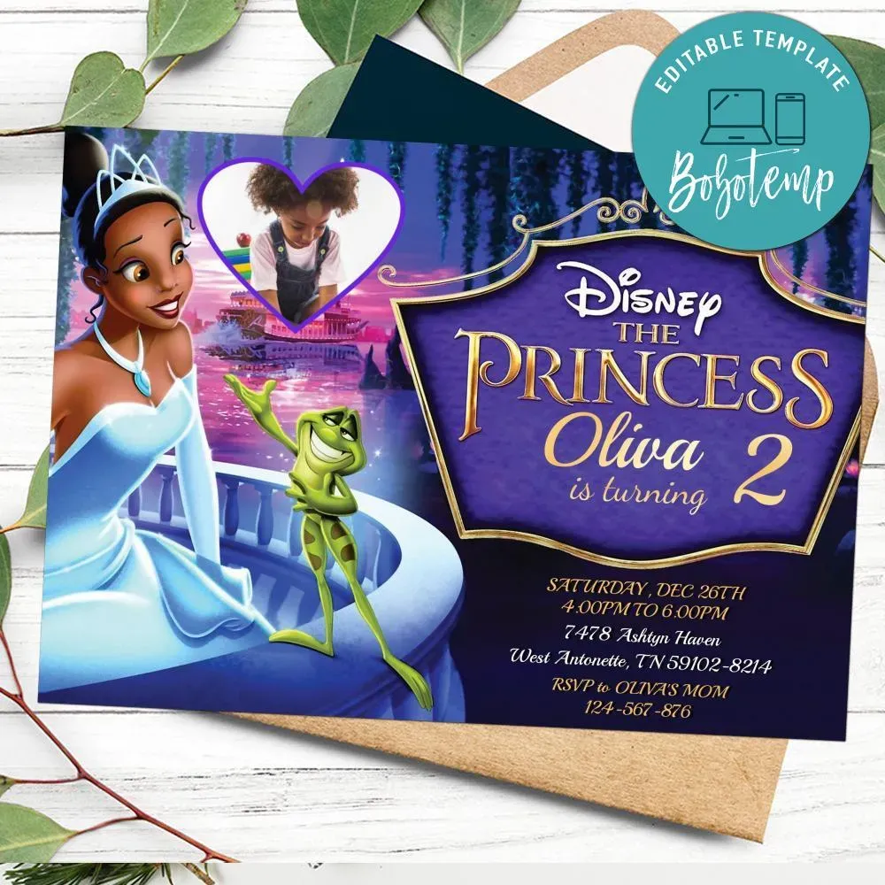 Editable Princess Tiana Invitation With Photo Instant Download | Bobotemp