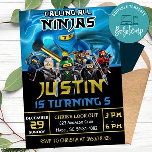 Editable Lego Ninjago Zay - Calling All Ninjas Birthday Invitations Instant Download