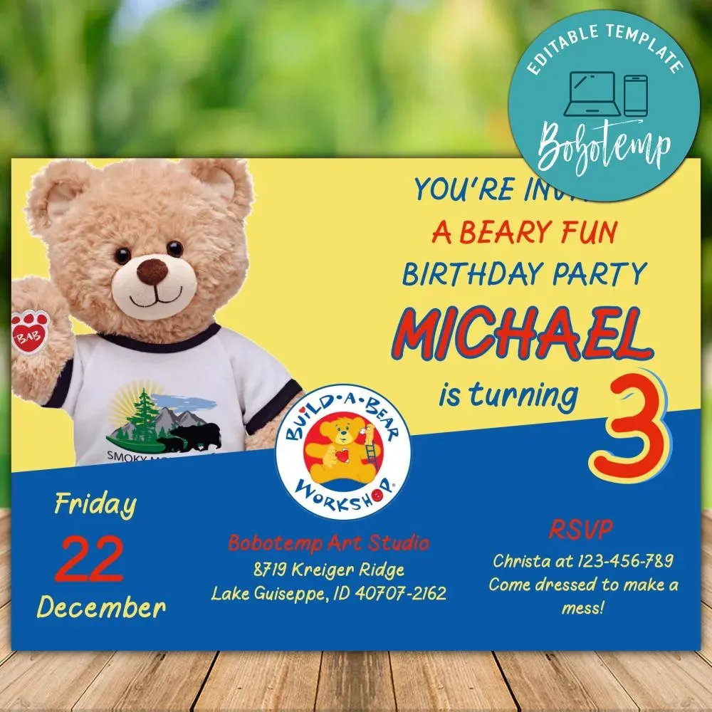Editable Build A Bear Birthday Invitation Instant Download | Bobotemp