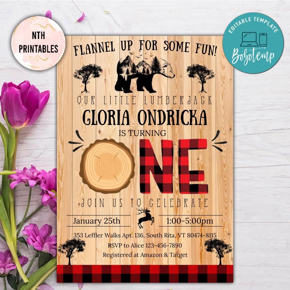 Editable Lumberjack First Birthday Invitation | Bobotemp