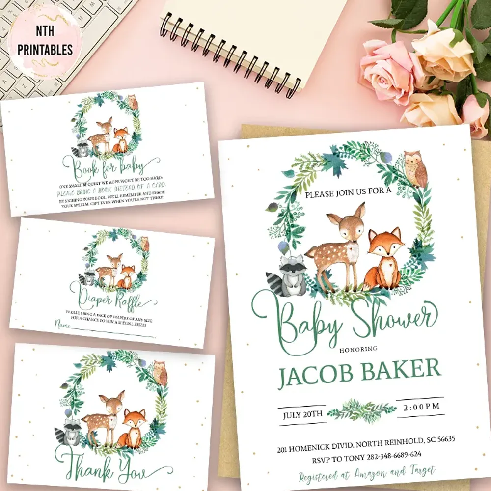 Editable Woodland Baby Shower Invitation Set Instant Download Bobotemp