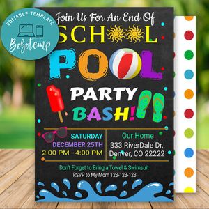 Editable End of School Summer Pool Party Invitation Instant Download