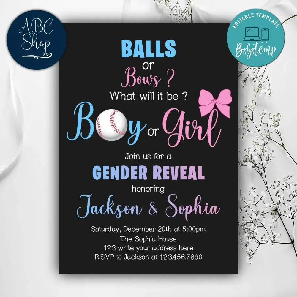 Printable Baseball Balls and Bows Gender Reveal Invitation DIY Bobotemp