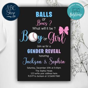 Printable Baseball Balls and Bows Gender Reveal Invitation Instant Download