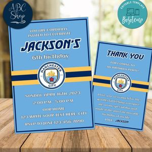 Manchester City Party Invitations and Free Thank You Card Instant Download