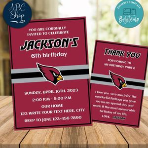 Arizona Cardinals Party Invitations and Free Thank You Card Instant Download