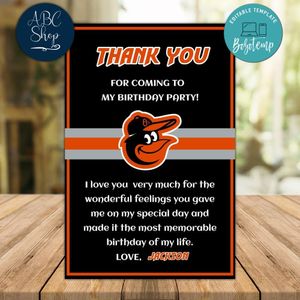 Baltimore Orioles Thank you card Template to Print at Home Instant Download