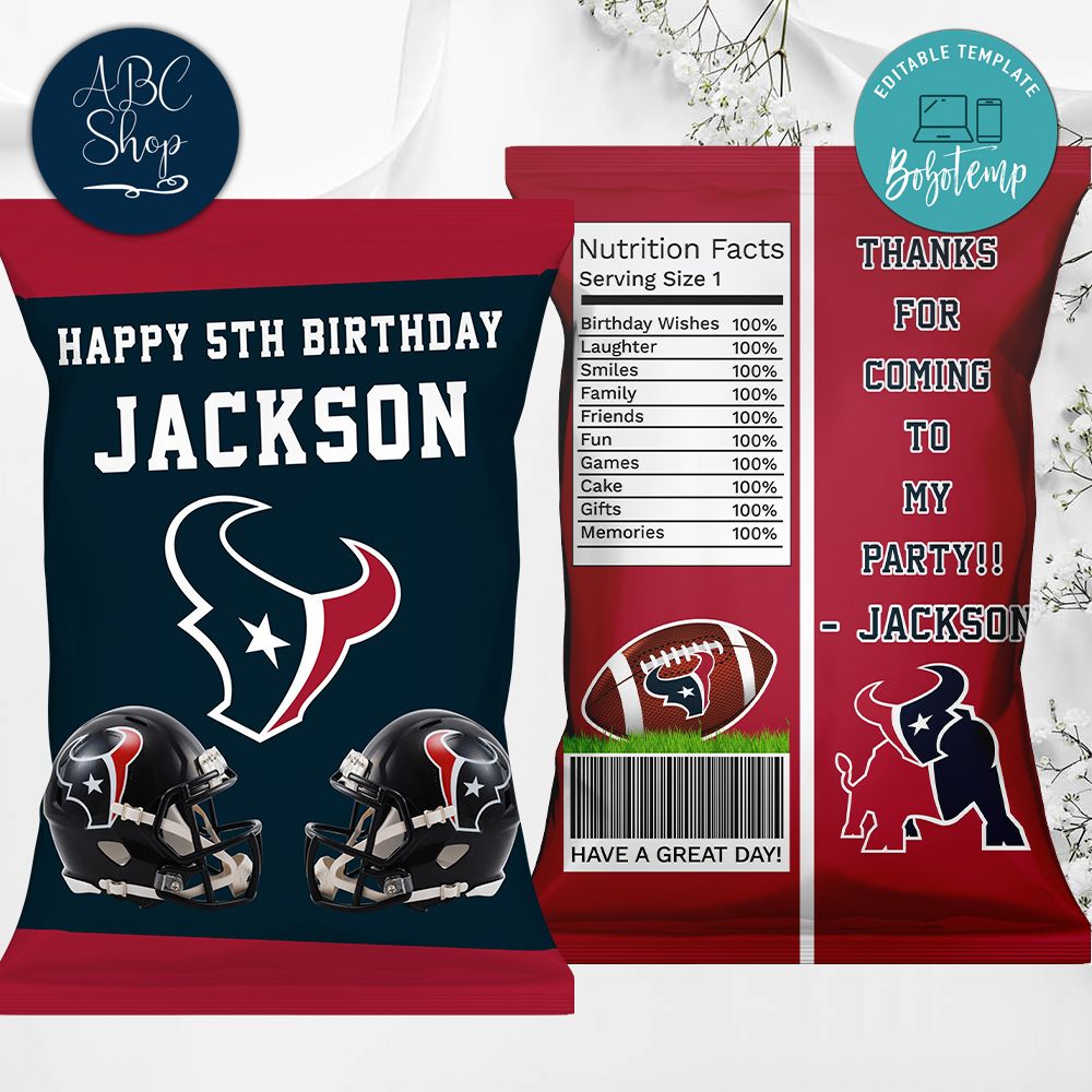 Printable Houston Texans Birthday Chip Bags Instant Download Bobotemp
