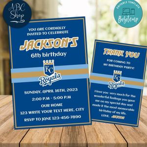 Kansas City Royals Party Invitations and Free Thank You Card Instant Download