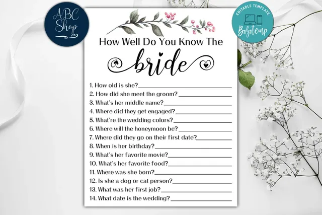 Editable How Well Do You Know the Bride Bridal Shower Game DIY | Bobotemp
