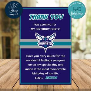 Charlotte Hornets Thank you card Template to Print at Home Instant Download
