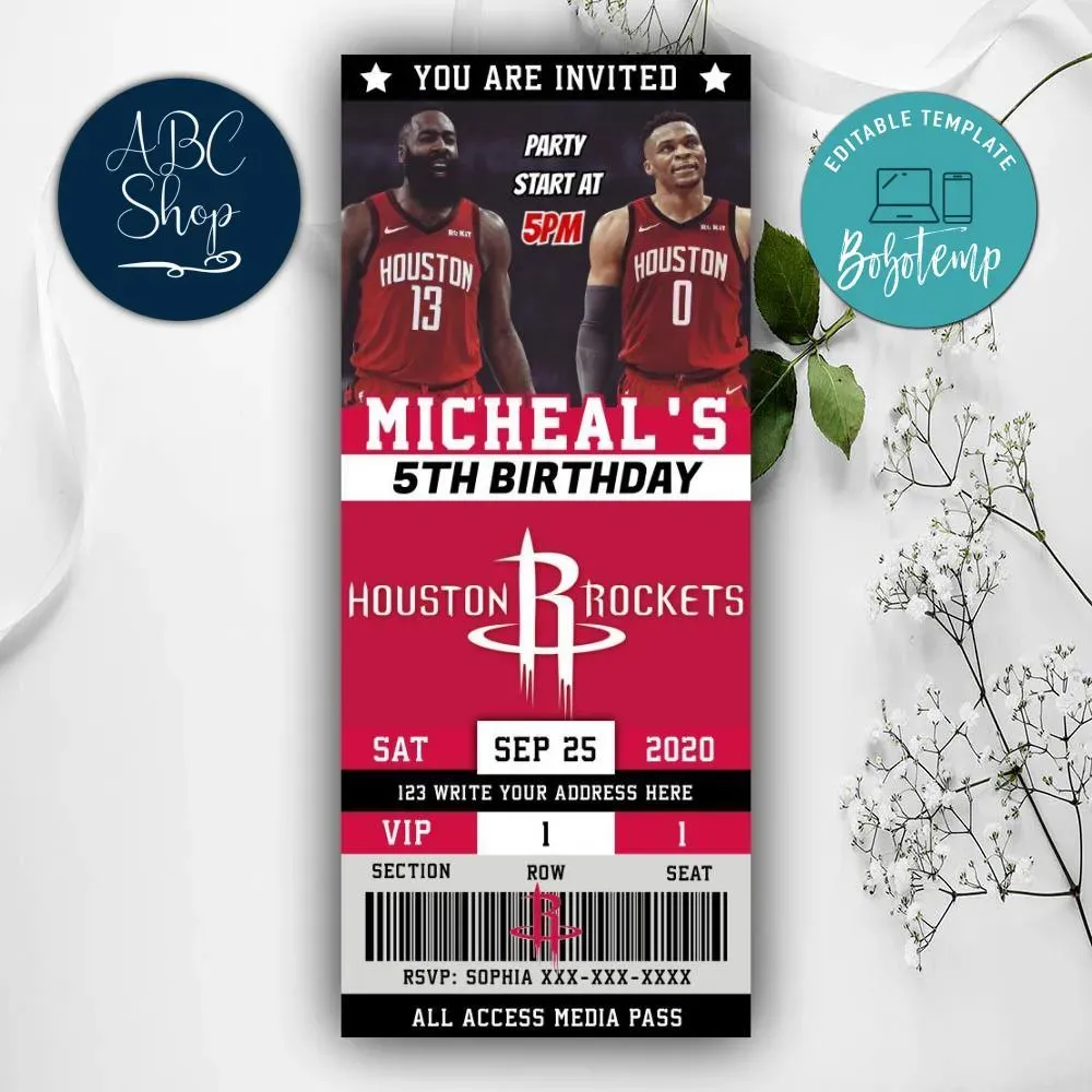 Printable Westbrook Houston Rockets Birthday Invitations DIY | Bobotemp