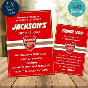 Arsenal Party Invitations and Free Thank You Card Instant Download