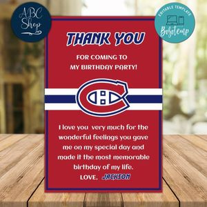 Montréal Canadiens Thank you card Template to Print at Home Instant Download