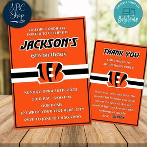 Cincinnati Bengals Party Invitations and Free Thank You Card Instant Download