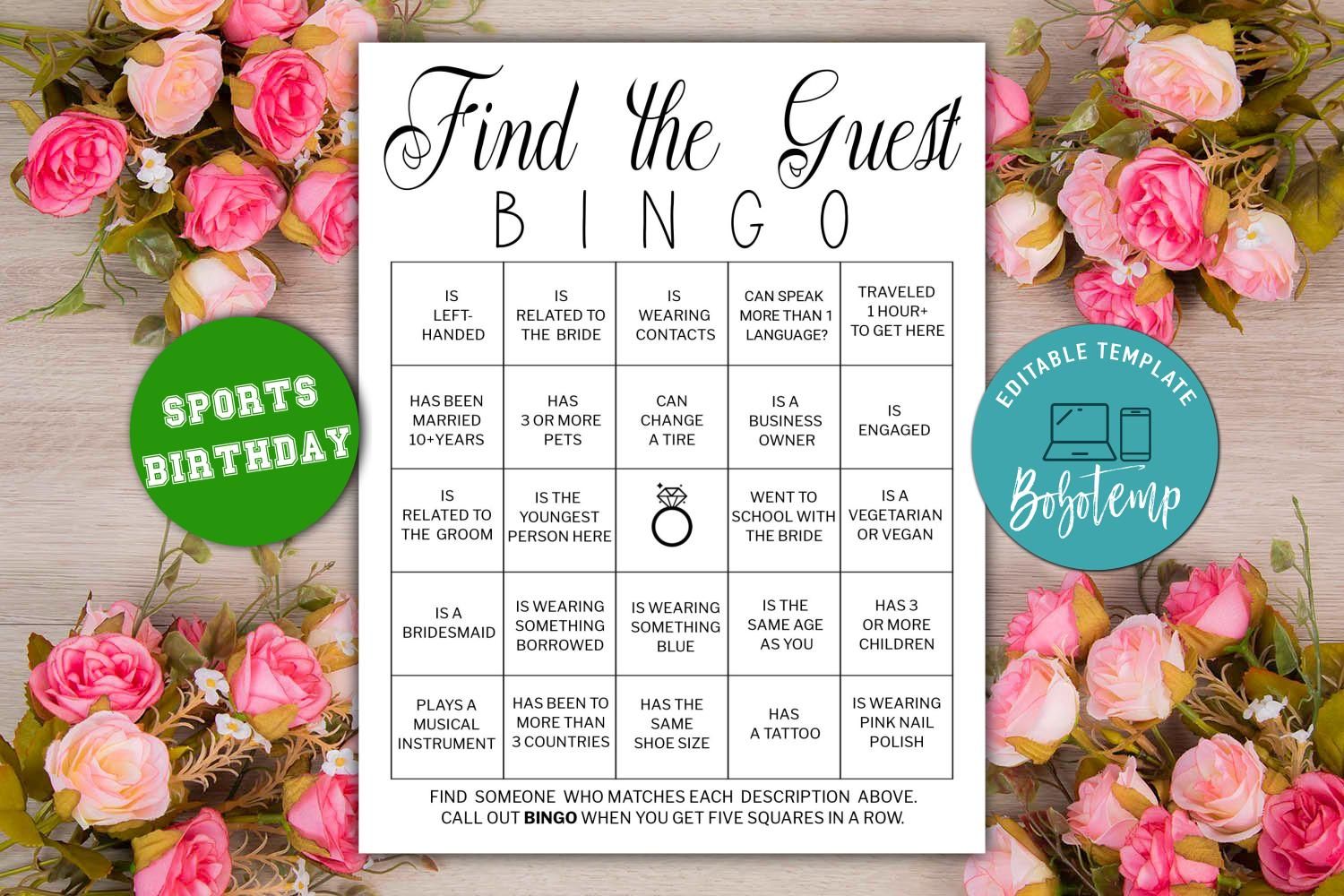 Editable Find The Guest Bingo Bridal Shower Game Instant Download