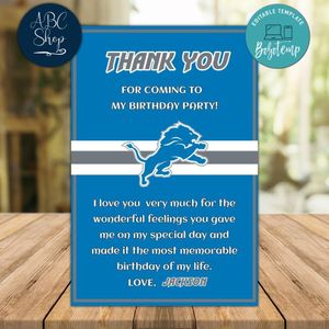 Detroit Lions Thank you card Template to Print at Home Instant Download