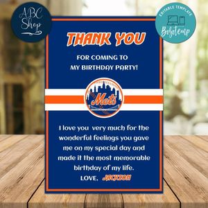 New York Mets Thank you card Template to Print at Home Instant Download