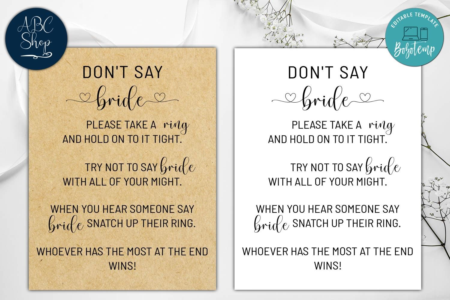 Printable Dont Say Bride Bridal Shower Game Digital File | Bobotemp