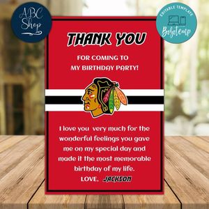 Chicago Blackhawks Thank you card Template to Print at Home Instant Download