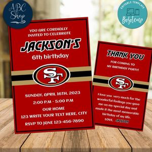 San Francisco 49ers Party Invitations and Free Thank You Card Instant Download
