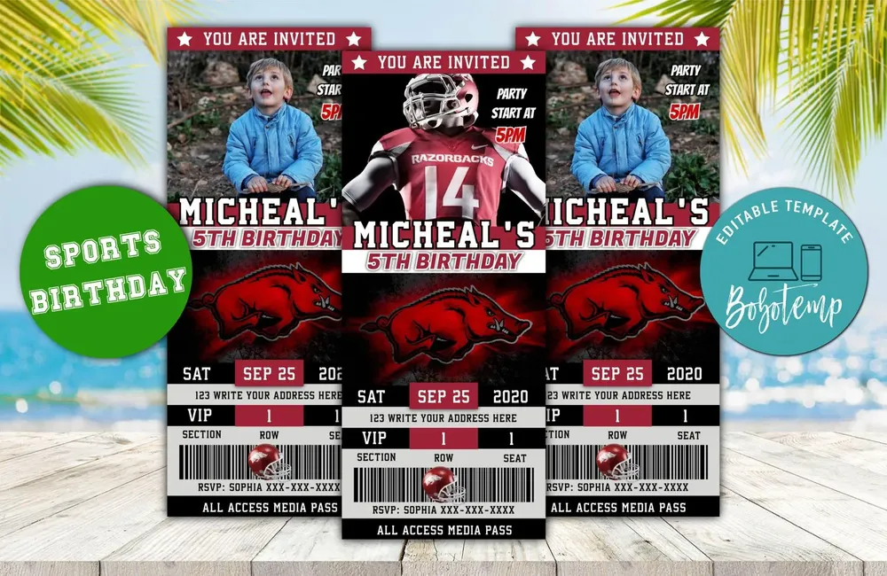 Editable Arkansas Razorbacks Birthday Ticket Invitations DIY | Bobotemp