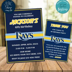 Tampa Bay Rays Party Invitations and Free Thank You Card Instant Download