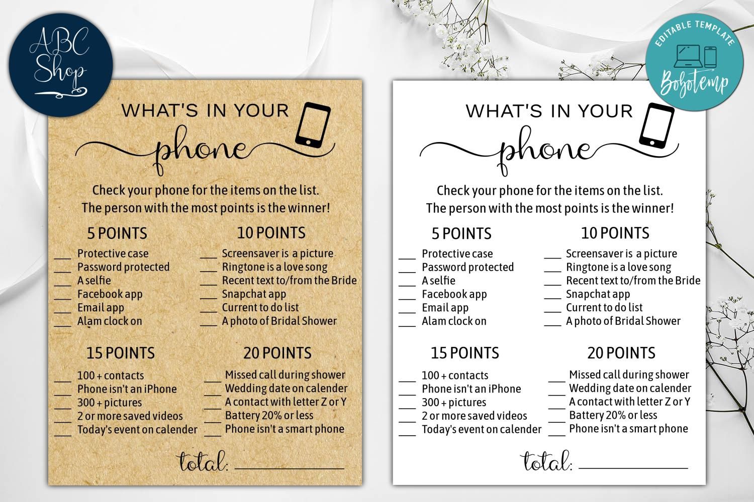Editable Whats In Your Phone Cell Phone Game Bridal Shower Game | Bobotemp for What S On Your Phone Game Free Printable