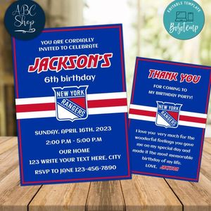 New York Rangers Party Invitations and Free Thank You Card Instant Download