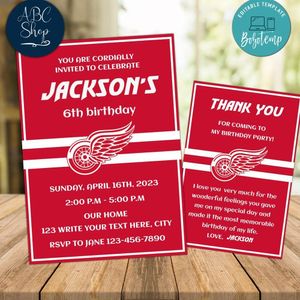 Detroit Red Wings Party Invitations and Free Thank You Card Instant Download