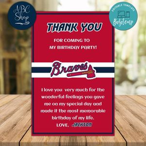 Atlanta Braves Thank you card Template to Print at Home Instant Download
