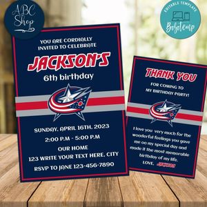 Columbus Blue Jackets Party Invitations and Free Thank You Card Instant Download