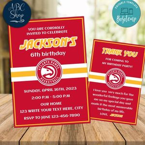 Atlanta Hawks Party Invitations and Free Thank You Card Instant Download