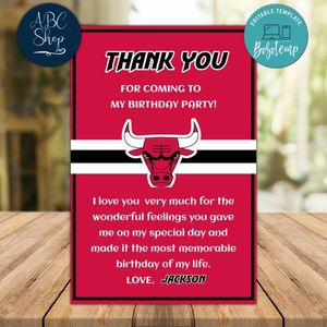 Chicago Bulls Thank you card Template to Print at Home Instant Download