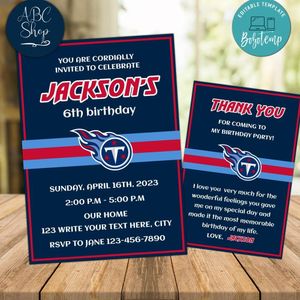 Tennessee Titans Party Invitations and Free Thank You Card Instant Download