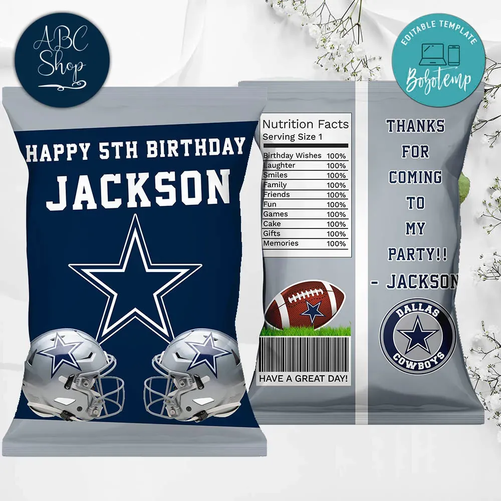 Printable Dallas Cowboys Birthday Chip Bags Instant Download Bobotemp